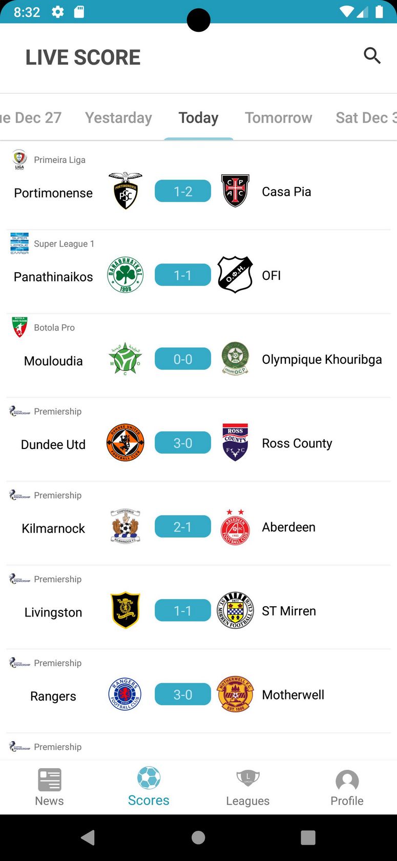Livescores and Most Recent Football Outcomes